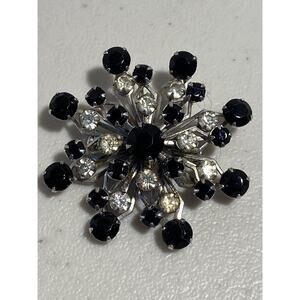 Vintage Black/Clear Rhinestone Floral Silver-tone Metal Brooch 2"